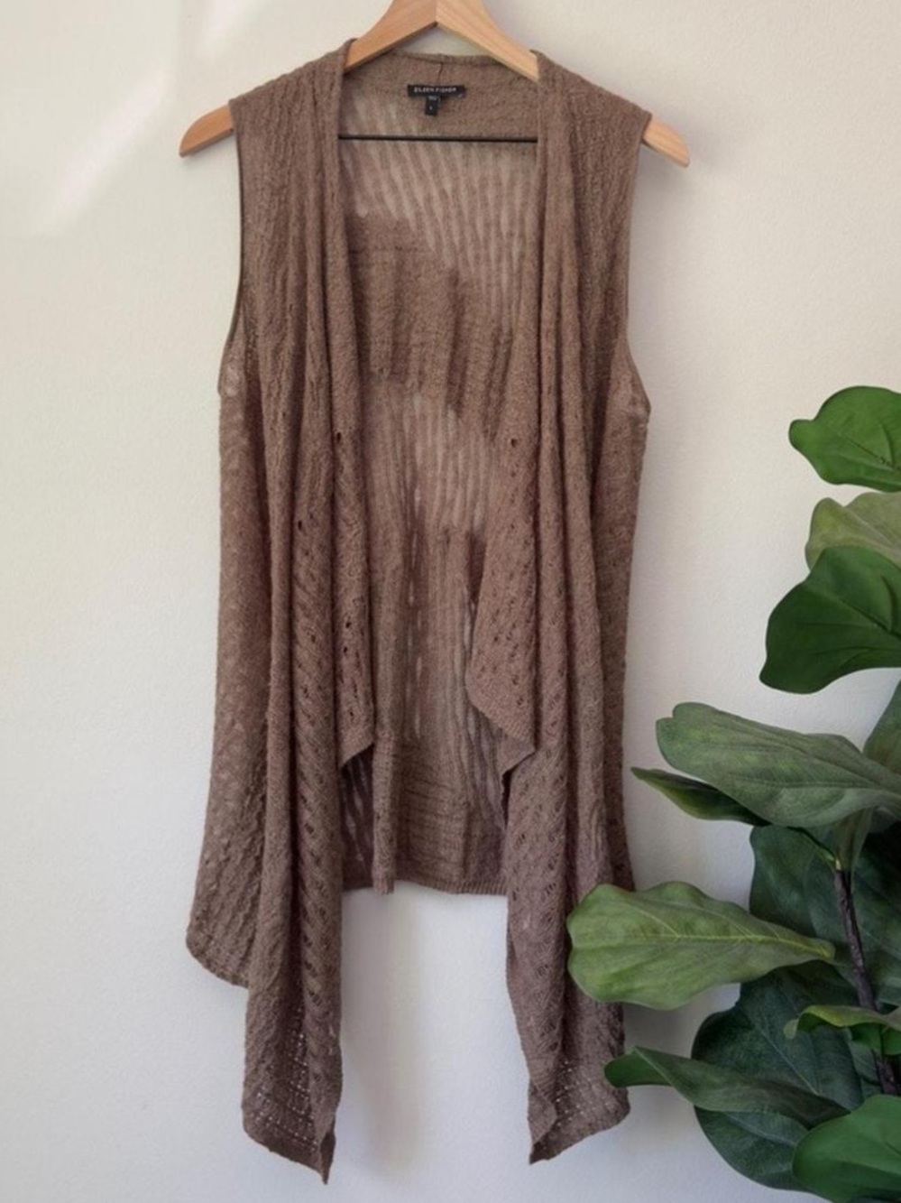 Eileen Fisher sleeveless knitted  cardigan 100% baby alpaca soft brown drapey XL